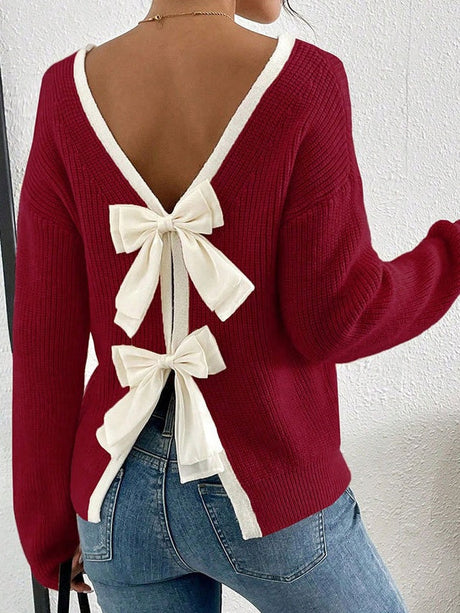 Bow Contrasting colors Backless Sweaters