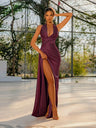 Halter Tie-Back Deep V-Neck Pleated High Slit Maxi Dress