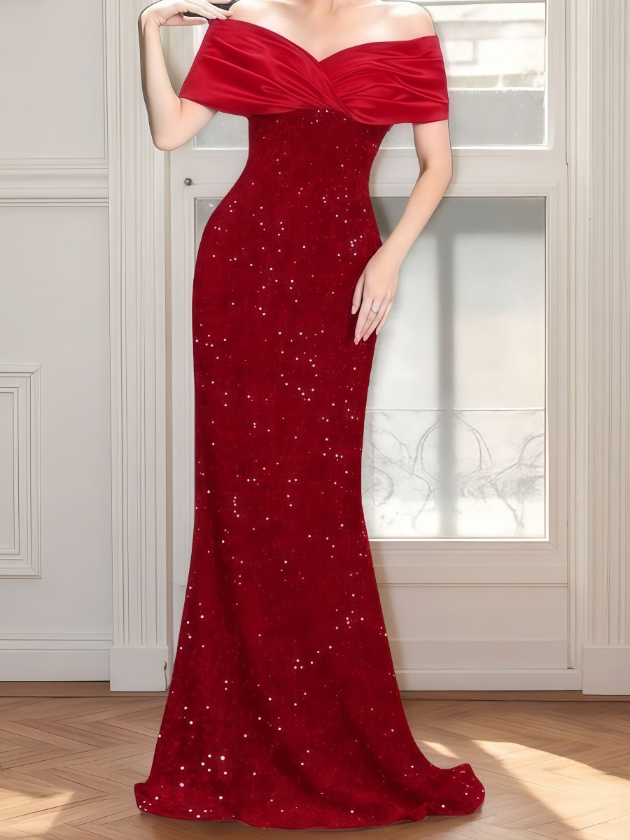 Off Shoulder Wrap hip Sequins Maxi Dresses