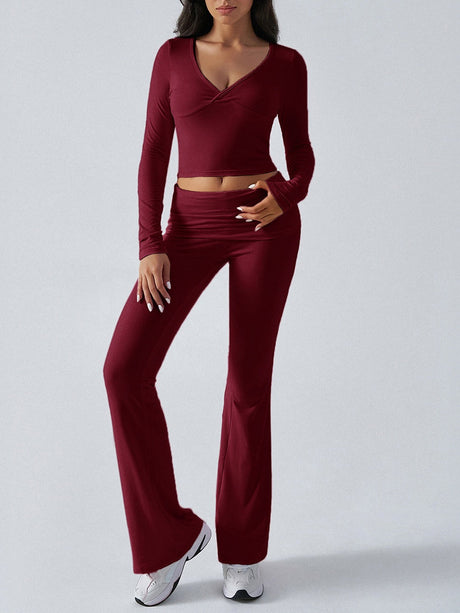 V-neck Long Sleeve Pants Pleated Navel Solid Color 2-piece Sets