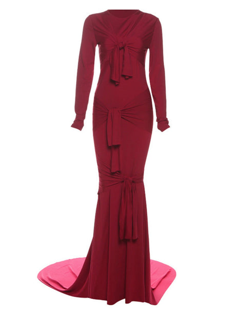 Backless Hollow Long Sleeve Solid Color Temperament Dress Sexy Slim Long Dress