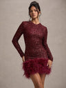 Liber Winter Women's Sequins Solid Color Long sleeve Feather Mini&Short Dresses
