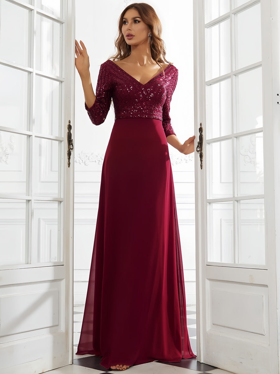 V-neck Sequins Spliced Long Dress
