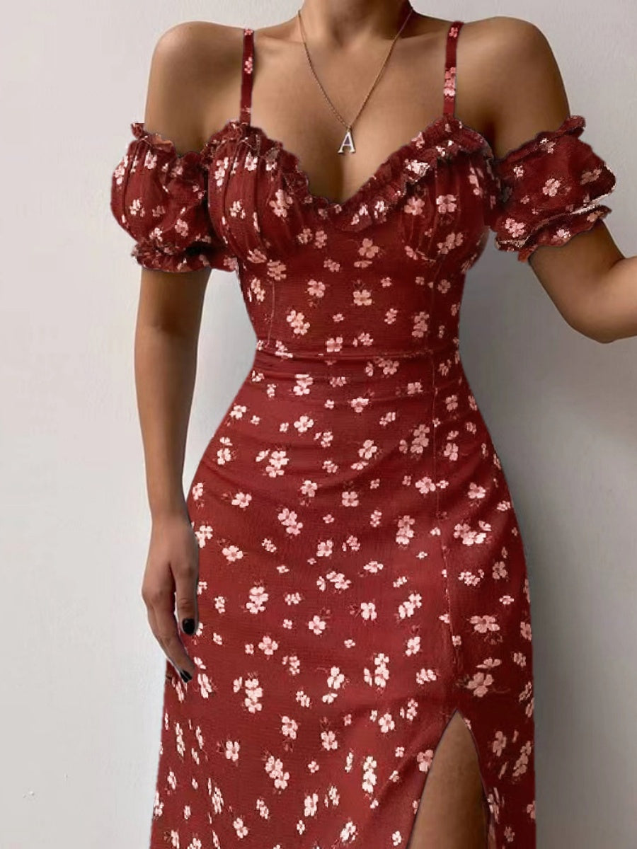 Floral Off-shoulder Slit Maxi Dresses