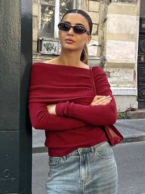 Hood Off-shoulder long sleeves Knitted sweaters