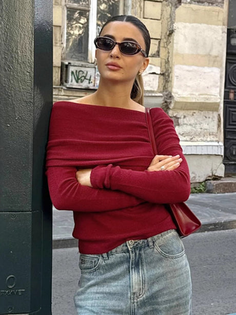 Hood Off-shoulder long sleeves Knitted sweaters