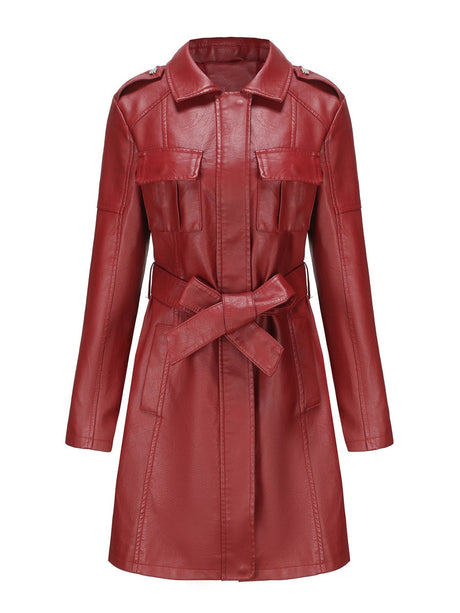 Slim Fit Mid-length Pocket With Belt Leather Jacket