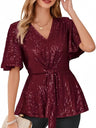 V-neck Pullover Sequins Tie-strap Mesh/see-through Top