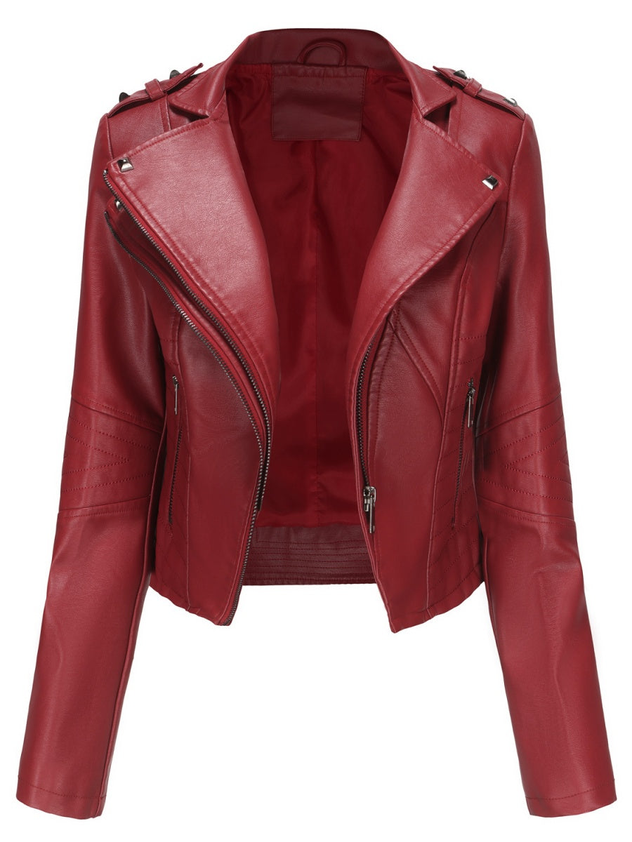 Studs Short Stand Collar Zipper Leather Jacket