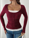 Square Collar Lace Single-breasted Slim-fit Long-sleeved T-shirt