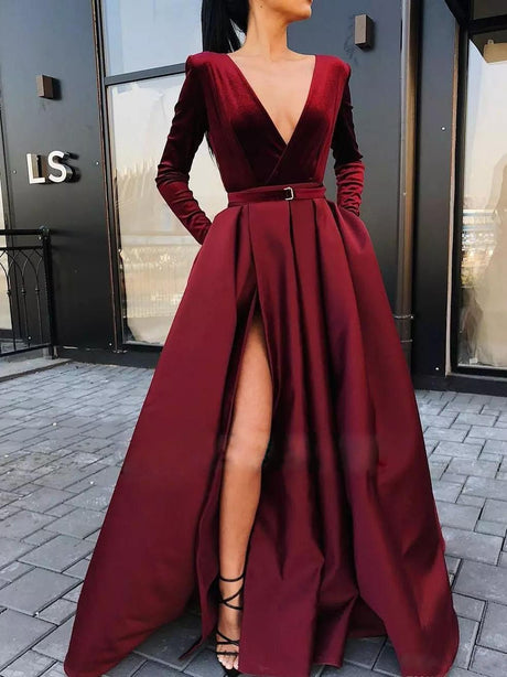V-neck High Slit Long Sleeves Velvet Maxi Dresses