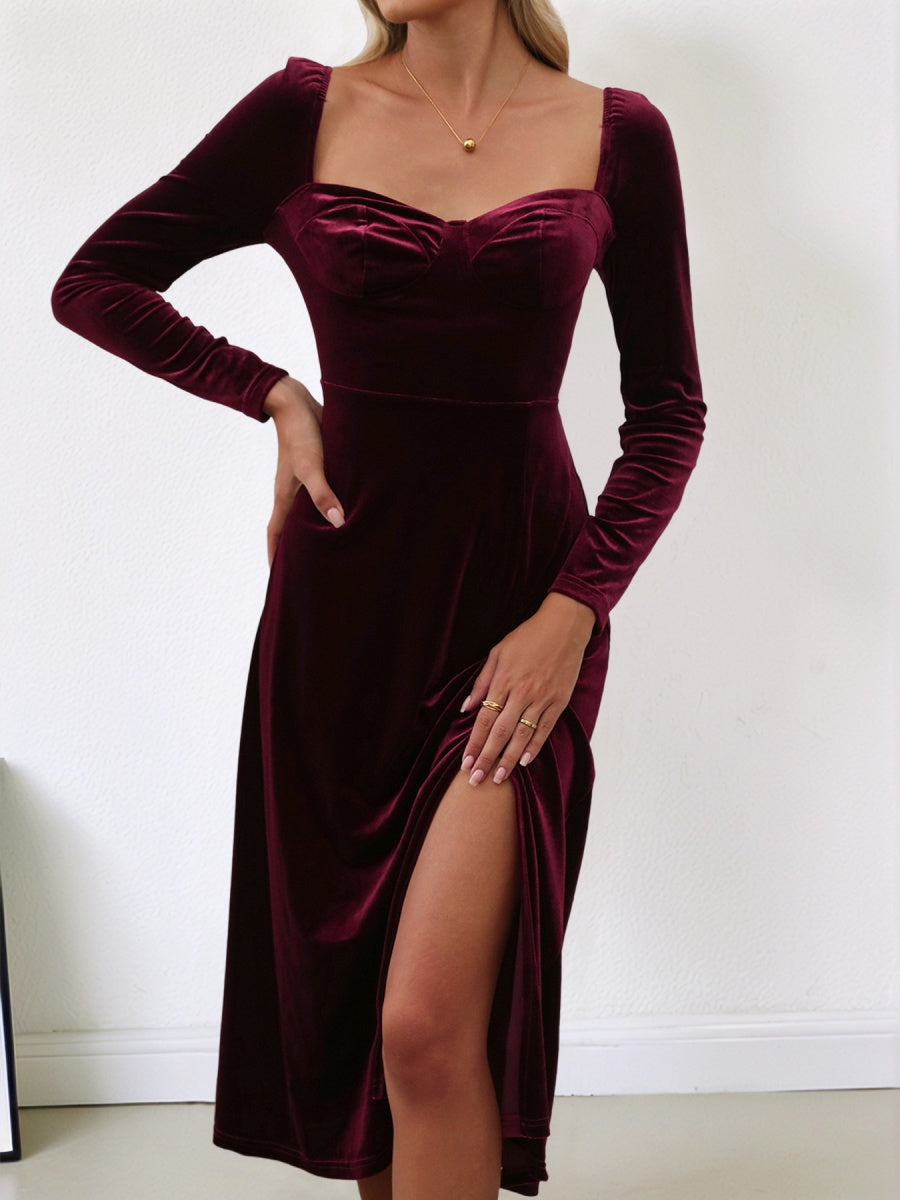 Long-sleeved Square Neckline Burgundy Velvet Slit Formal Dinner Cocktail Party Christmas Midi Dress