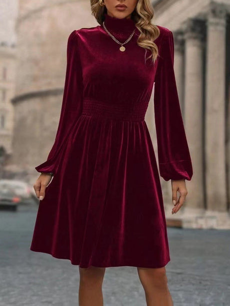High Collar Gold Velvet Puff Sleeve Hit Long-sleeved Short Dress