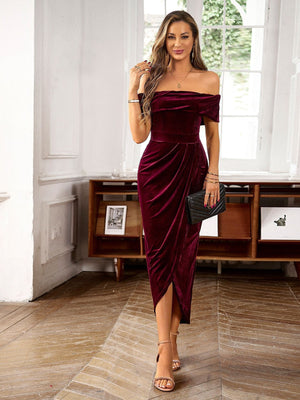 One-shoulder Collar Gathering Hip Velvet Maxi Dresses