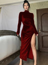 Tight-fitting Mercerized Velvet Turtleneck High Slit Midi Dress