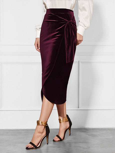 Hip-wrapped Velvet Twisted Front Slit High Waist Wrap Workplace Office Skirt