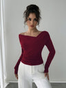 Off-shoulder V-neck Long-sleeved Cross-pleats Slim Fit Everyday T-shirts