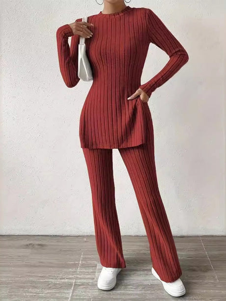 Leisure Long Sleeve Crew Neck Slit Pure Color 2-piece Sets