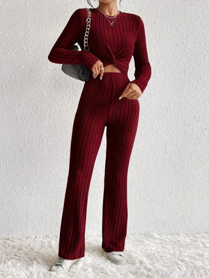 Small Round Neck Long Sleeves Tie Solid Color 2-piece Sets