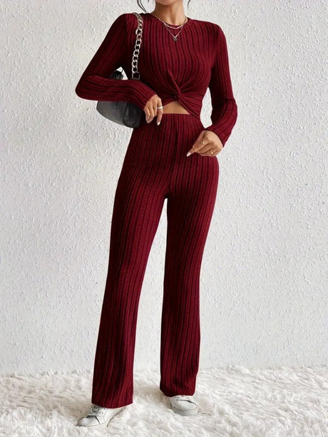 Small Round Neck Long Sleeves Tie Solid Color 2-piece Sets