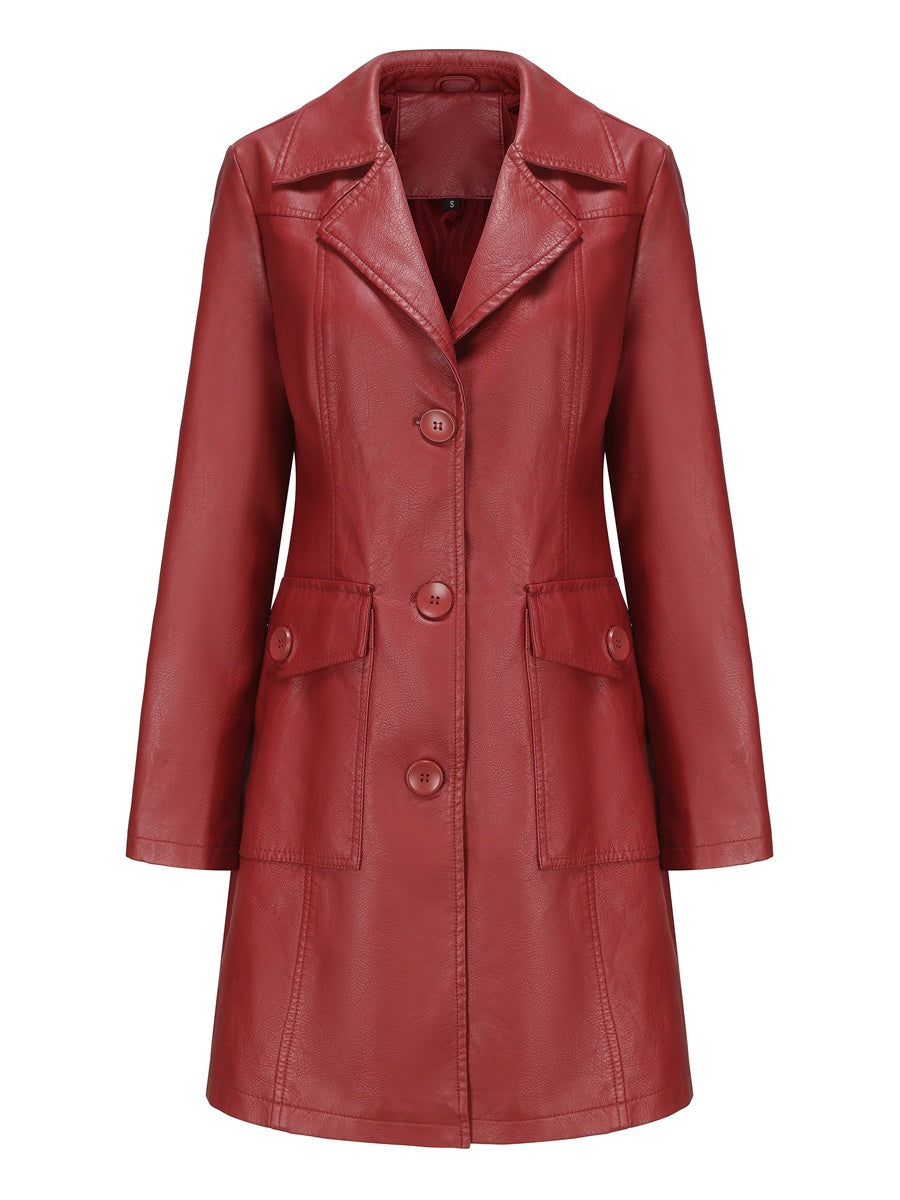 Mid-length Pocket Single-breasted Lapel Leather Jacket