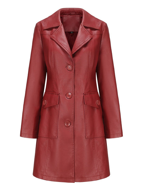 Mid-length Pocket Single-breasted Lapel Leather Jacket