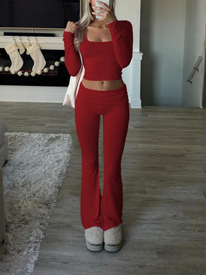 Leisure Navel Solid Color Long-sleeved Two-piece Suit