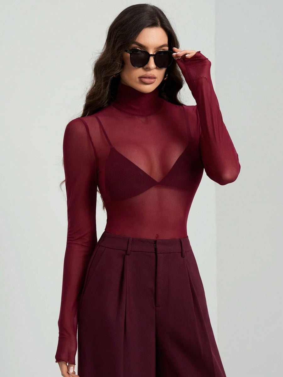 Headband Perspective Turtleneck Slim Fit Party And Nightclub Outfits With Mesh/see-through Tops