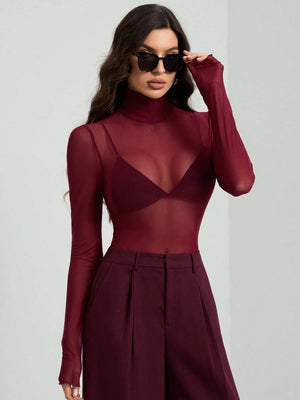 Headband Perspective Turtleneck Slim Fit Party And Nightclub Outfits With Mesh/see-through Tops