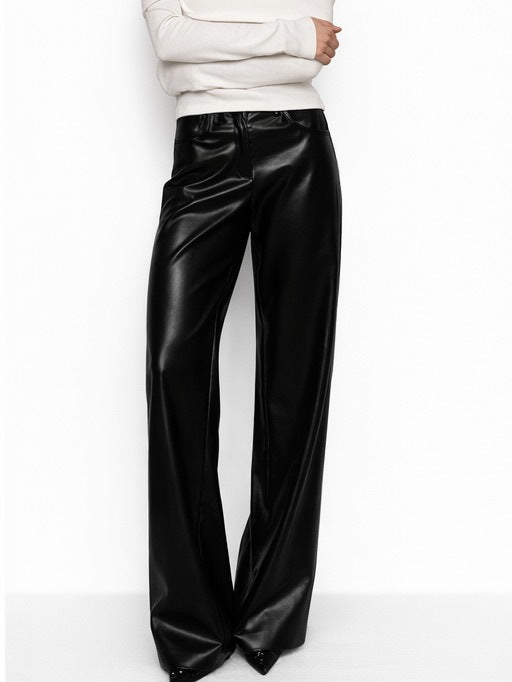 High-waisted Slim-fit Straight-leg PU Leather Pants