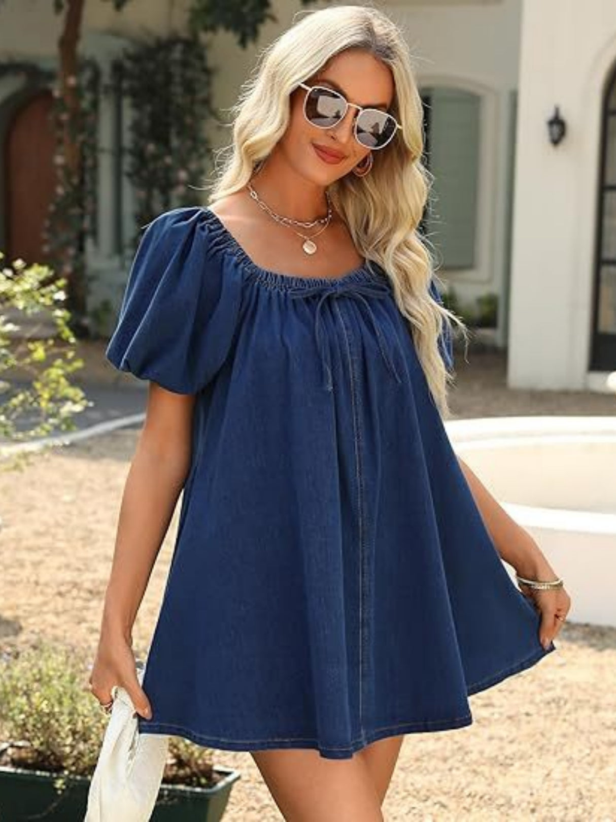 Denim Lace Up Square Neckline And Puff Sleeves Mini&Short Dresses