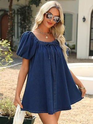 Denim Lace Up Square Neckline And Puff Sleeves Mini&Short Dresses