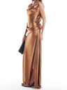 Satin Flowers Formal Dress Slit Maxi Dresses