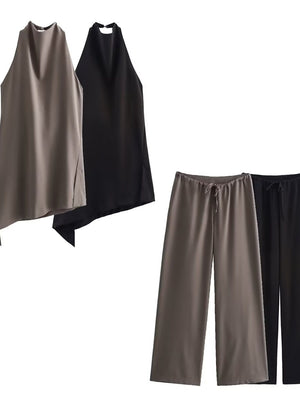 Halter Asymmetrical Jacket Wide-leg Trousers Commuting Set 2-piece Sets