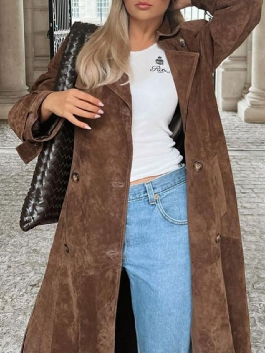 Long Suede Trench Coats Belt Pocket Grace Workplace Everyday Coat