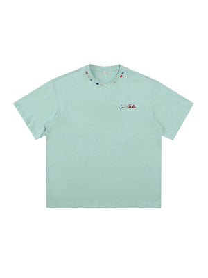 Color-blocked Colorful Embroidery Loose-fit T-shirts