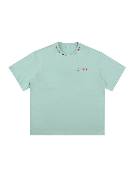 Color-blocked Colorful Embroidery Loose-fit T-shirts