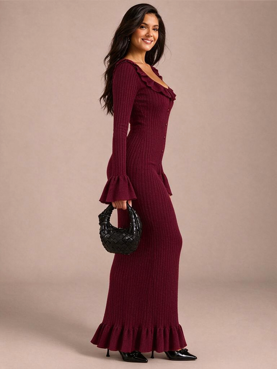 U-neck French Long-sleeved Simple Ruffled Knit Maxi Dress
