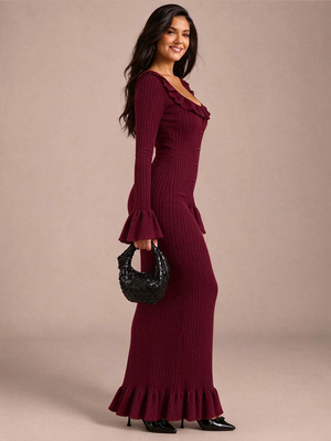 U-neck French Long-sleeved Simple Ruffled Knit Maxi Dress