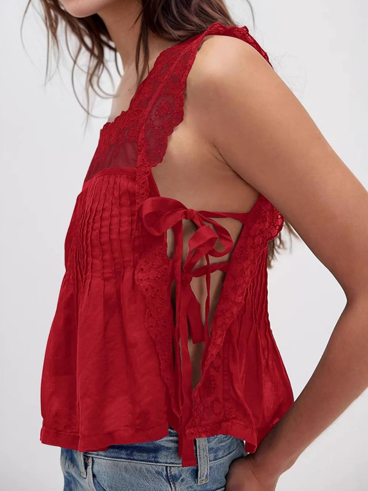 Lace Trim Square Neck Tie Tank Tops&Camis