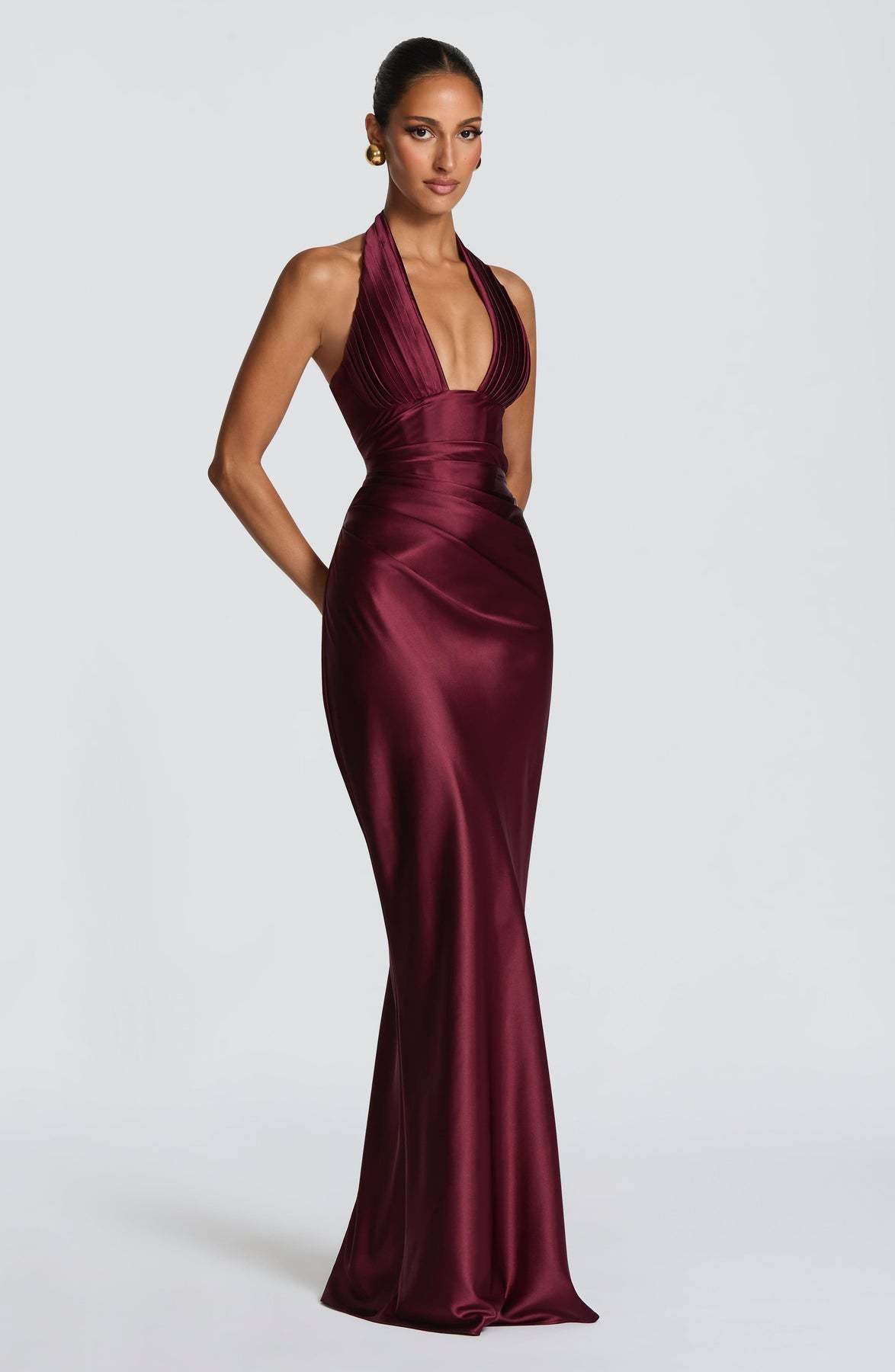 Halter Neck Deep V Long Dress With Pleats And Laces, Sexy Off-shoulder Design Maxi Dresses