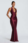 Halter Neck Deep V Long Dress With Pleats And Laces, Sexy Off-shoulder Design Maxi Dresses