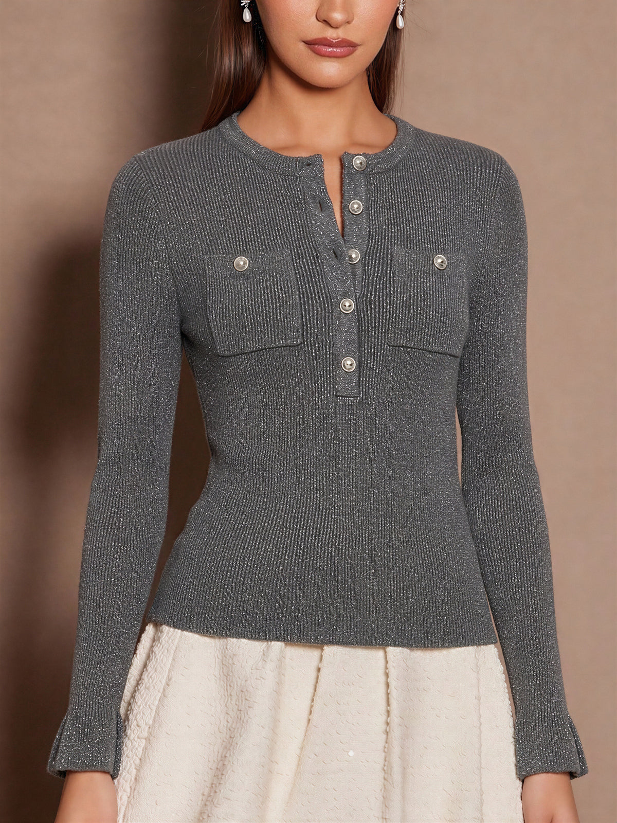 Half-open Metal Button Pocket Ruffle Sleeve Pullover Sweater