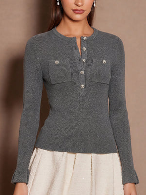 Half-open Metal Button Pocket Ruffle Sleeve Pullover Sweater