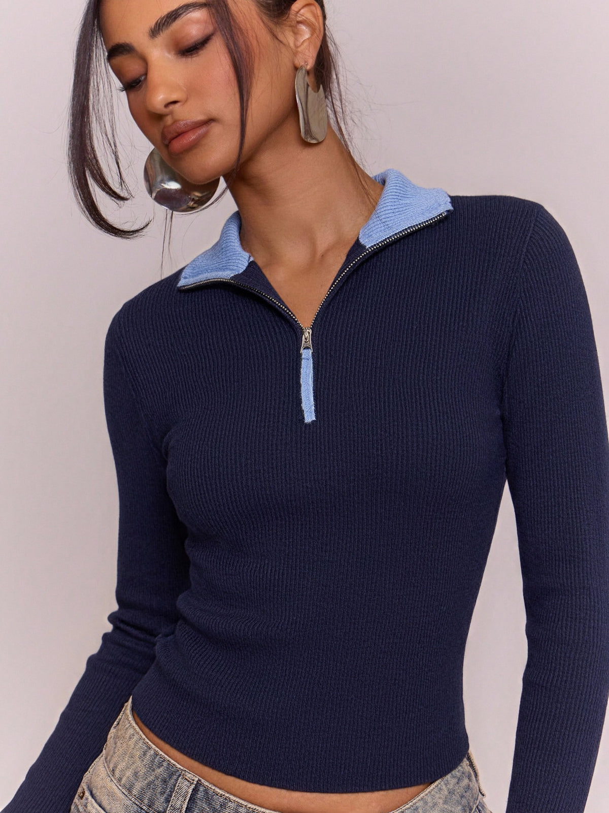 Wool Blend Color-blocked Half-zip Stand Collar Ribbed Pullover Sweater