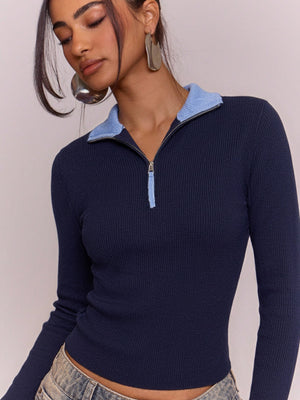 Wool Blend Color-blocked Half-zip Stand Collar Ribbed Pullover Sweater