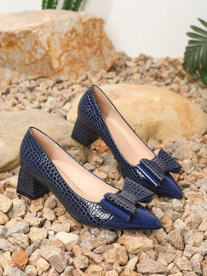 Bow-tie Pointed-toe Embossed Patchwork High Heels