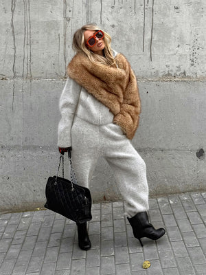 Faux Mink Fur Hooded Zip-up Cardigan Sweater With Double Pockets And Knitted Trousers Two-piece Set