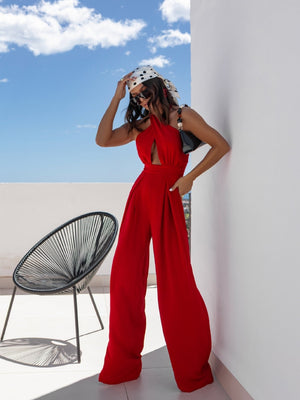 Halter Cross Wide Leg Zipper Jumpsuits