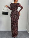 Leopard Print See-through Mesh Slimming And Waist-cinching Long-sleeved Long Dress